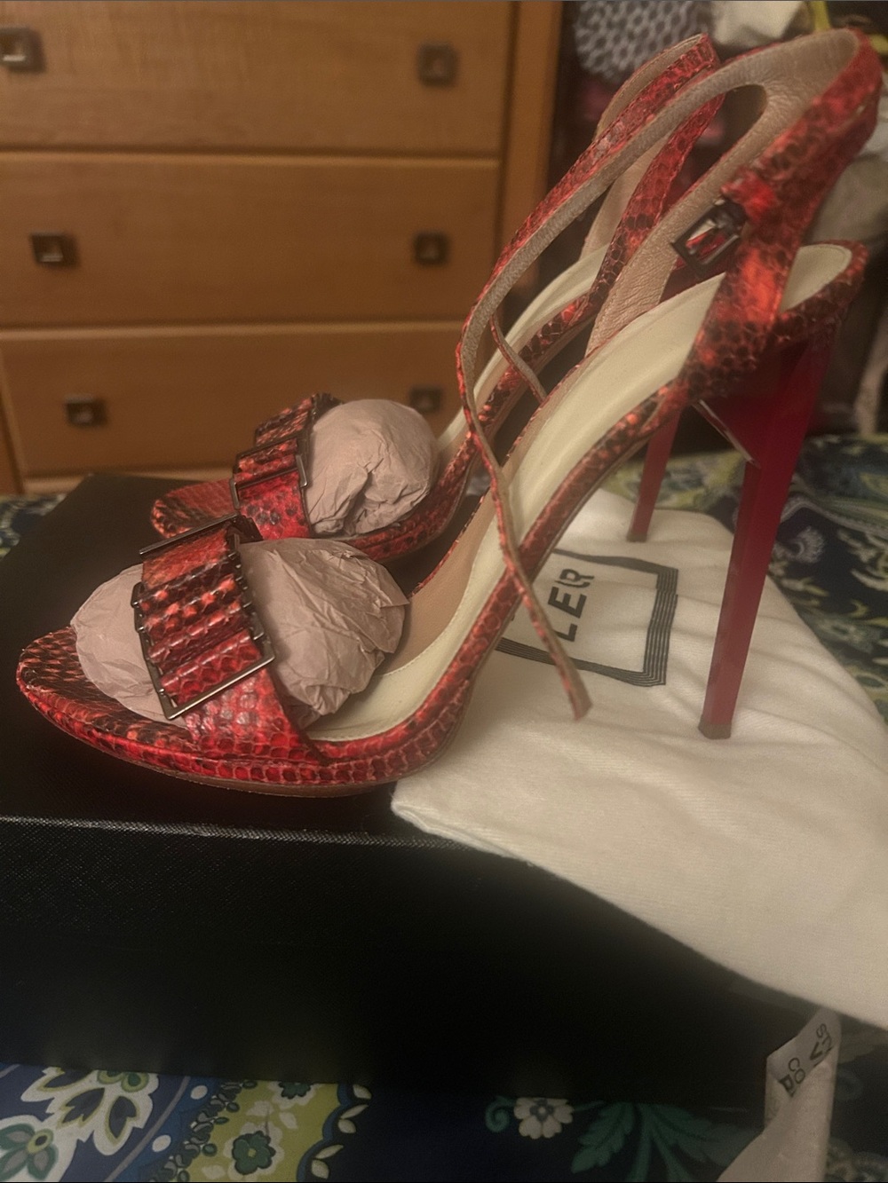 Herve Leger Red Snake-Print Stiletto Sandals - Picture 3 of 15